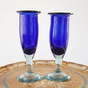 Vintage Mexican Hand-Blown Cobalt Blue Champagne Flutes - Set of 2